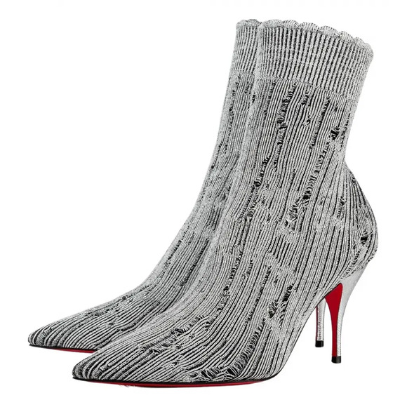 Christian Louboutin Sandrine 80 Silver Stretch Sock Kitten Heel Ankle Boot 35